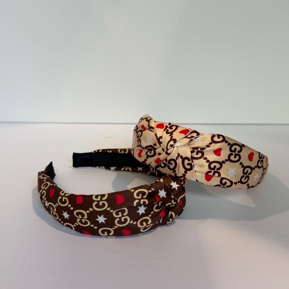Knotted Satin Headband - Brown and Beige with Red Accent - Picture 5 of 6